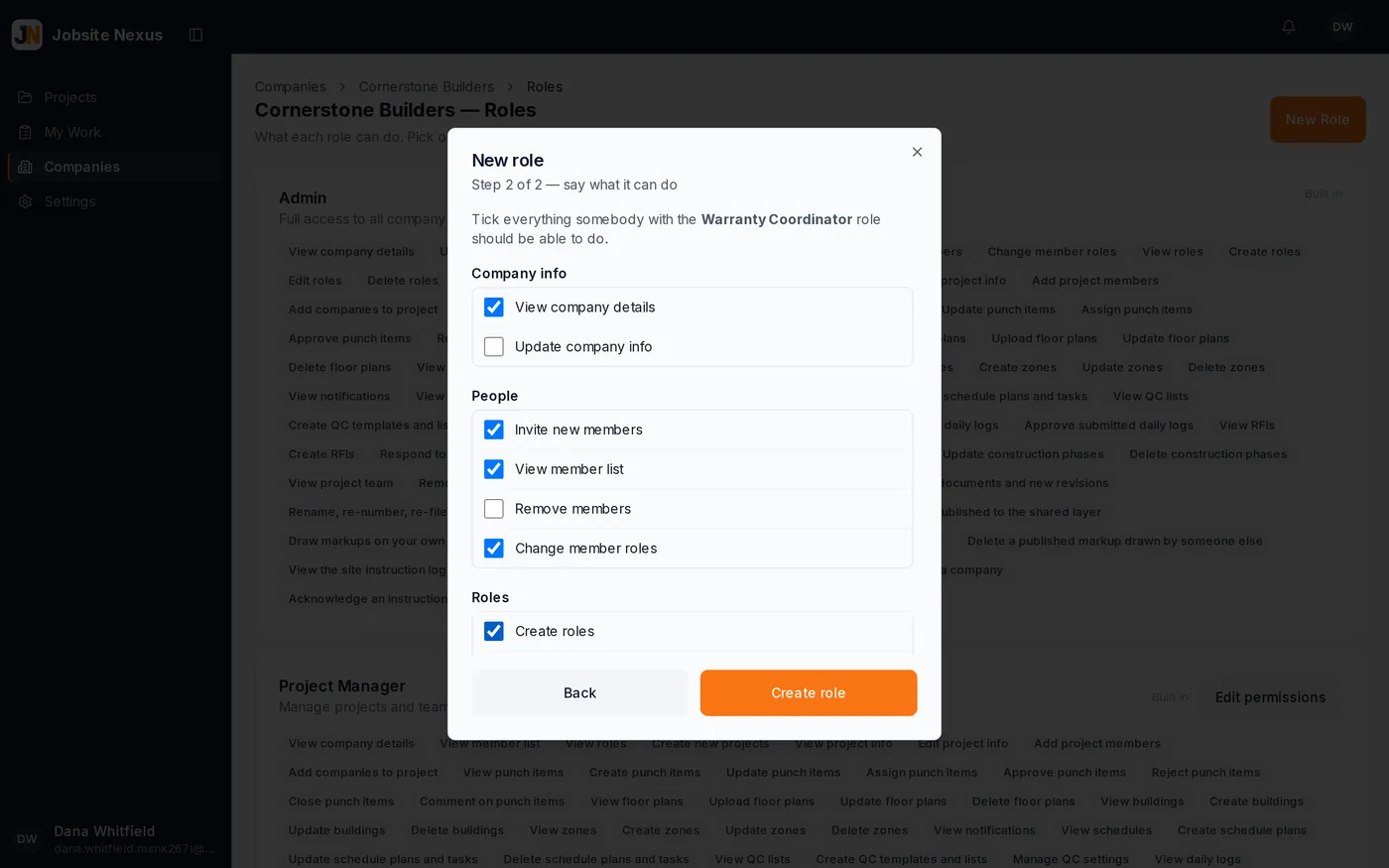 The role editor, showing a permission checklist over a list of project roles.